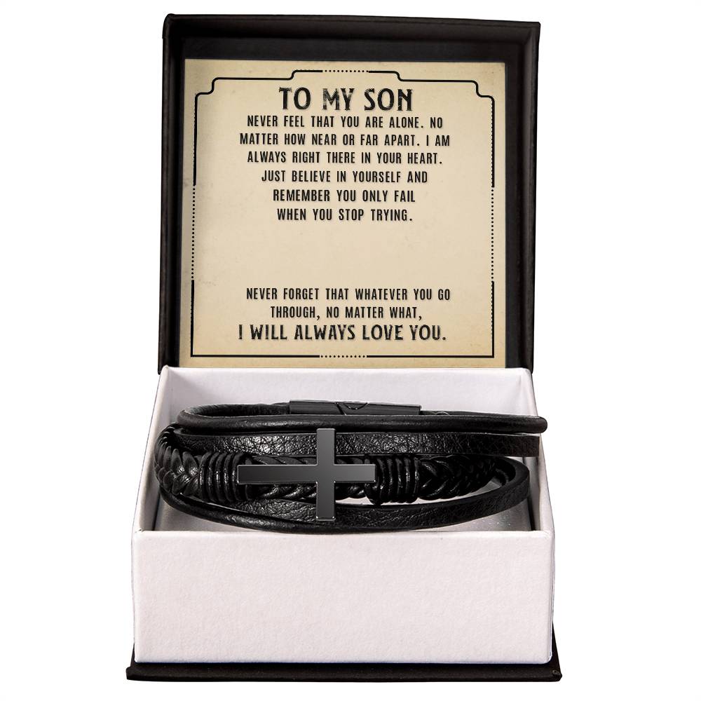 To My Son Never Feel That Men's Cross Bracelet - Vegan Leather with Stainless Steel-Express Your Love Gifts