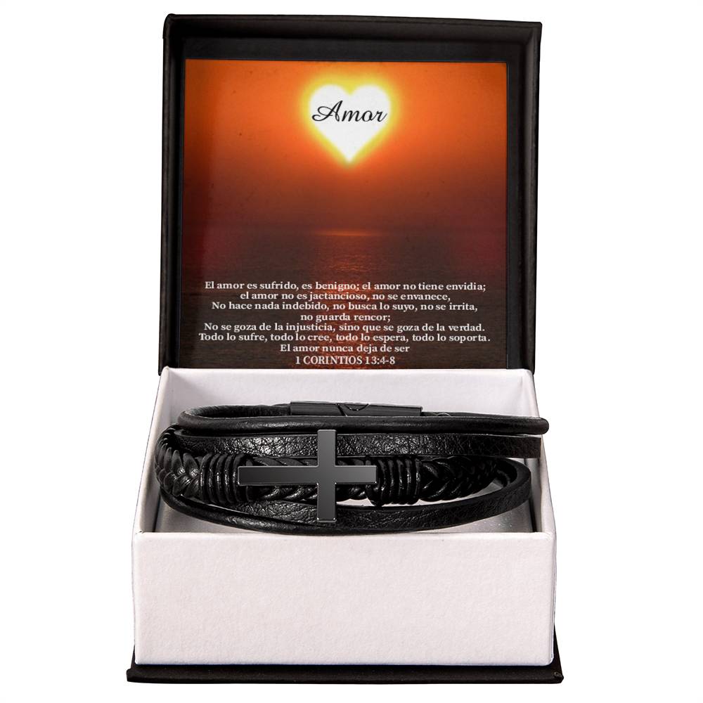 Amor Spanish Corintos 13:4-8 Men's Stainless Steel &amp; Vegan Leather Cross Bracelet - Vegan Leather with Stainless Steel-Express Your Love Gifts