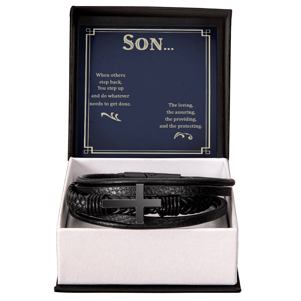 To My Son When Others Step Back Men's Cross Bracelet - Vegan Leather with Stainless Steel-Express Your Love Gifts