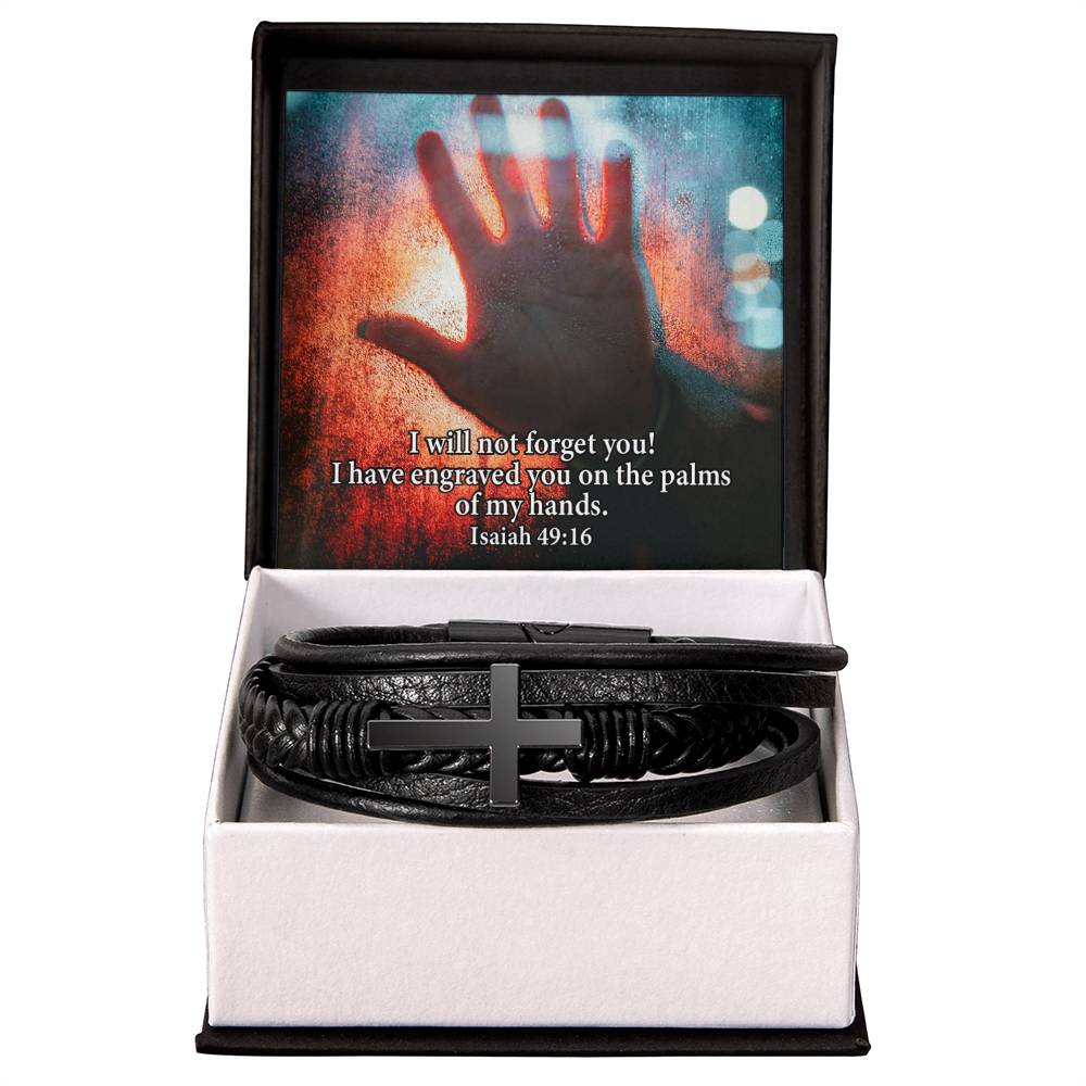 I Will Not Forget You Isaiah 49:16 Men's Stainless Steel &amp; Vegan Leather Cross Bracelet - Vegan Leather with Stainless Steel-Express Your Love Gifts