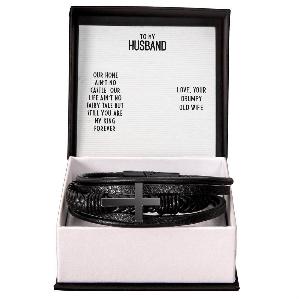 To My Husband Our Home Ain't No Castle Men's Cross Bracelet - Vegan Leather with Stainless Steel-Express Your Love Gifts