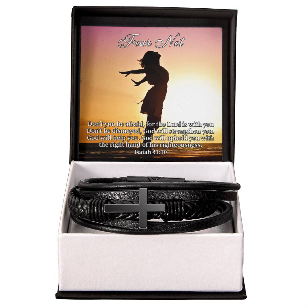 Fear Not Isaiah 41:10 Men's Stainless Steel & Vegan Leather Cross Bracelet - Vegan Leather with Stainless Steel-Express Your Love Gifts