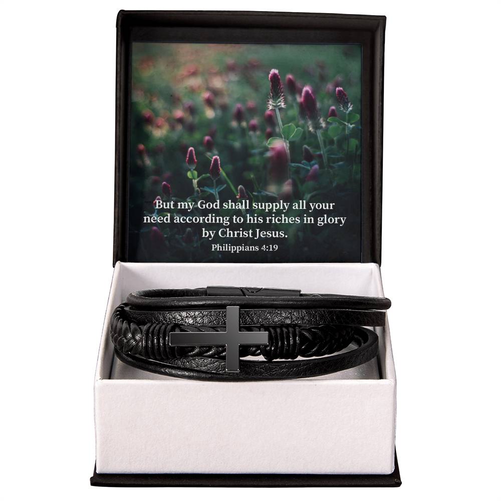 All You Need Faith Philippians 4:19 Men's Stainless Steel &amp; Vegan Leather Cross Bracelet - Vegan Leather with Stainless Steel-Express Your Love Gifts