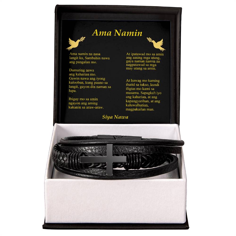 Lords Prayer Tagalog Ama Namin Men's Stainless Steel &amp; Vegan Leather Cross Bracelet - Vegan Leather with Stainless Steel-Express Your Love Gifts