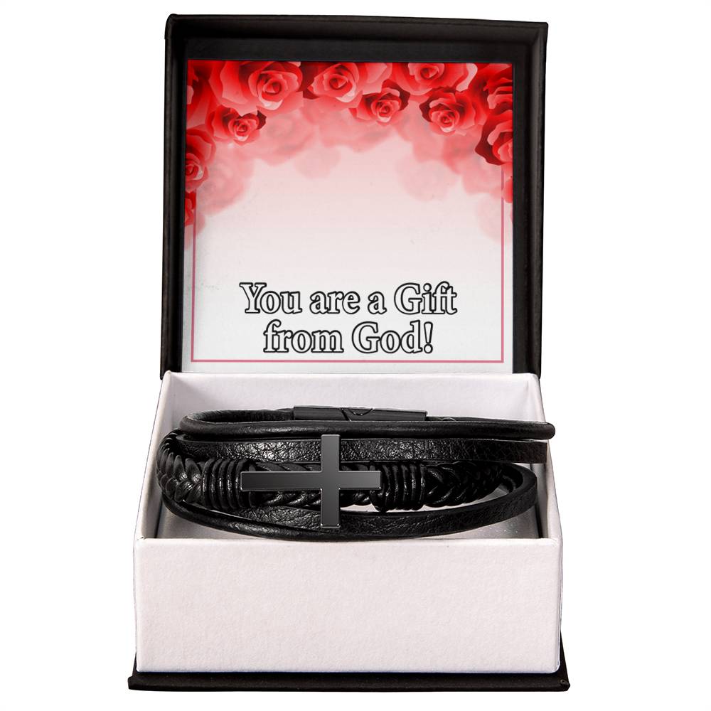 You Are a Gift From God Men's Stainless Steel & Vegan Leather Cross Bracelet - Vegan Leather with Stainless Steel-Express Your Love Gifts