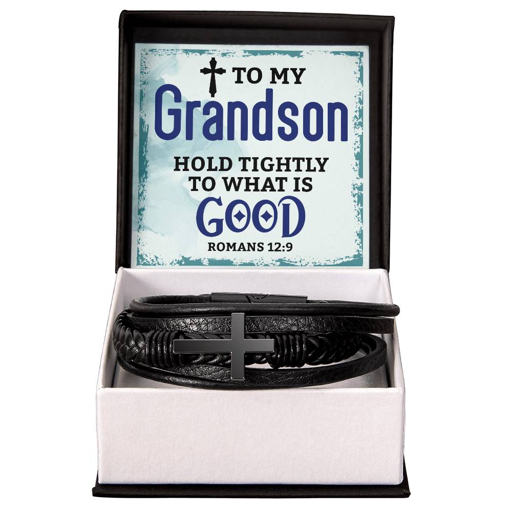 To My Grandson Hold Tightly Men's Cross Bracelet - Vegan Leather with Stainless Steel-Express Your Love Gifts
