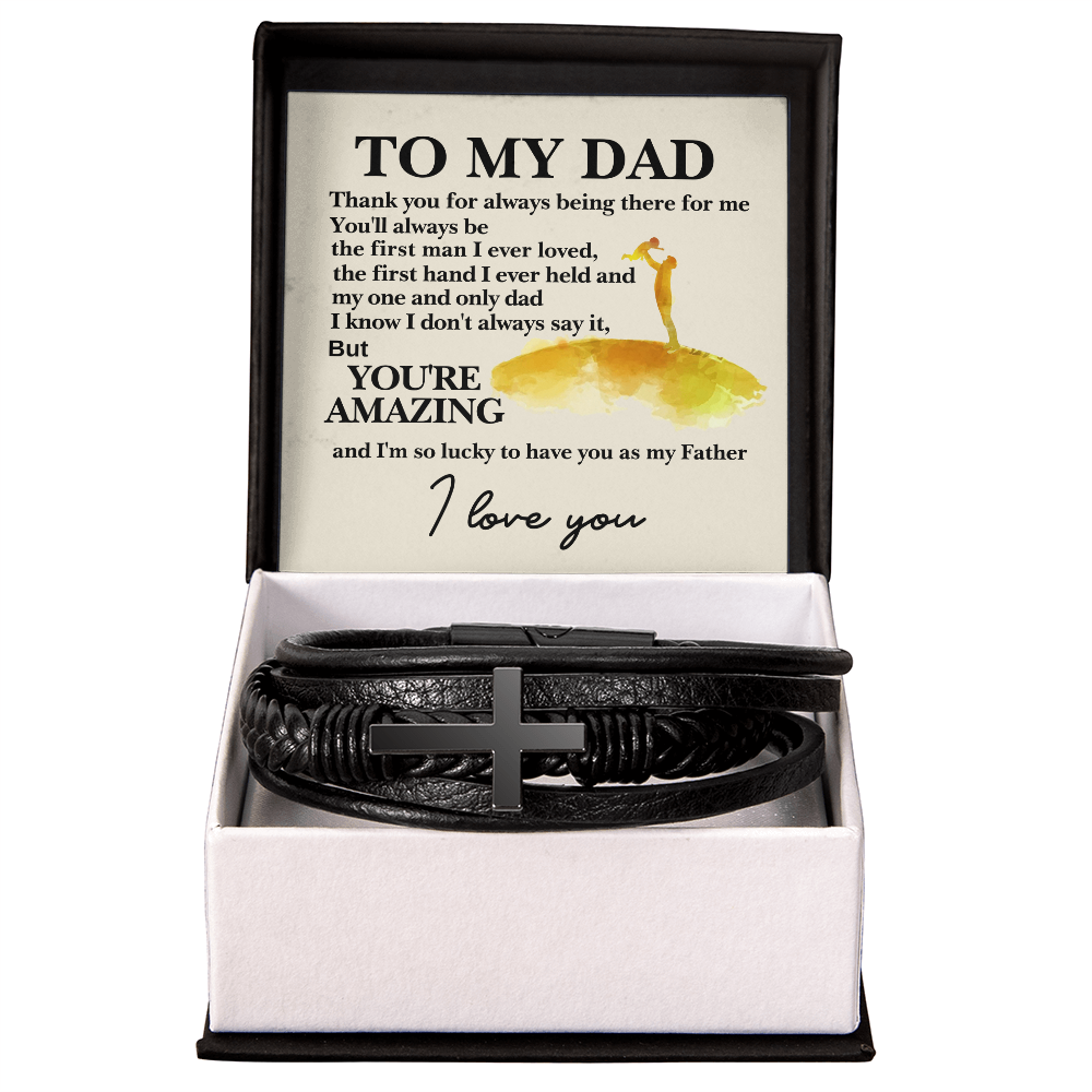 Lucky To Have You As My Father Men's Cross Bracelet - Vegan Leather with Stainless Steel-Express Your Love Gifts