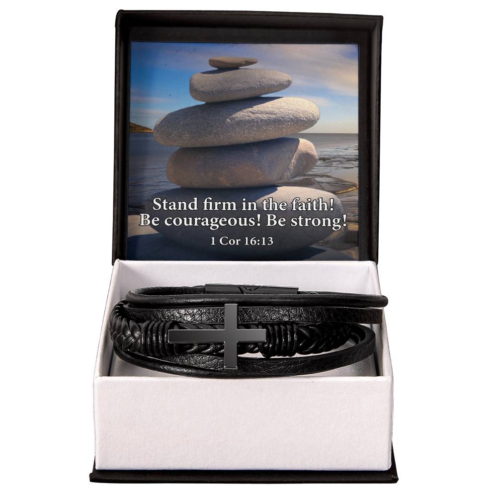 Stand Firm in Faith 1 Corinthians 16:13 Men's Stainless Steel &amp; Vegan Leather Cross Bracelet - Vegan Leather with Stainless Steel-Express Your Love Gifts
