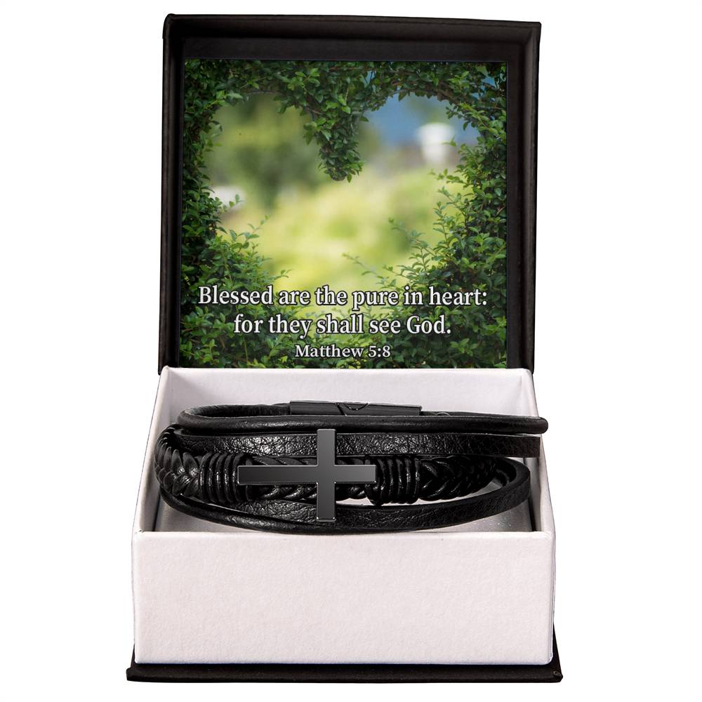 Blessed Pure in Heart Matthew 5:8 Men's Stainless Steel &amp; Vegan Leather Cross Bracelet - Vegan Leather with Stainless Steel-Express Your Love Gifts