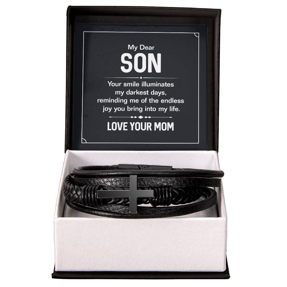 To My Son Your Smile Men's Cross Bracelet - Vegan Leather with Stainless Steel-Express Your Love Gifts