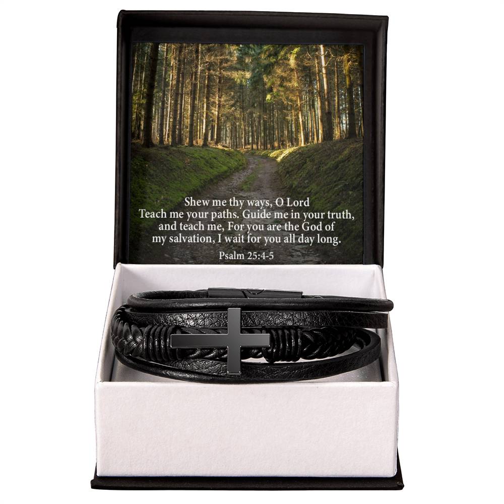 Guide &amp; Teach Me lord in Psalm 25:4‭-‬5 Men's Stainless Steel &amp; Vegan Leather Cross Bracelet - Vegan Leather with Stainless Steel-Express Your Love Gifts
