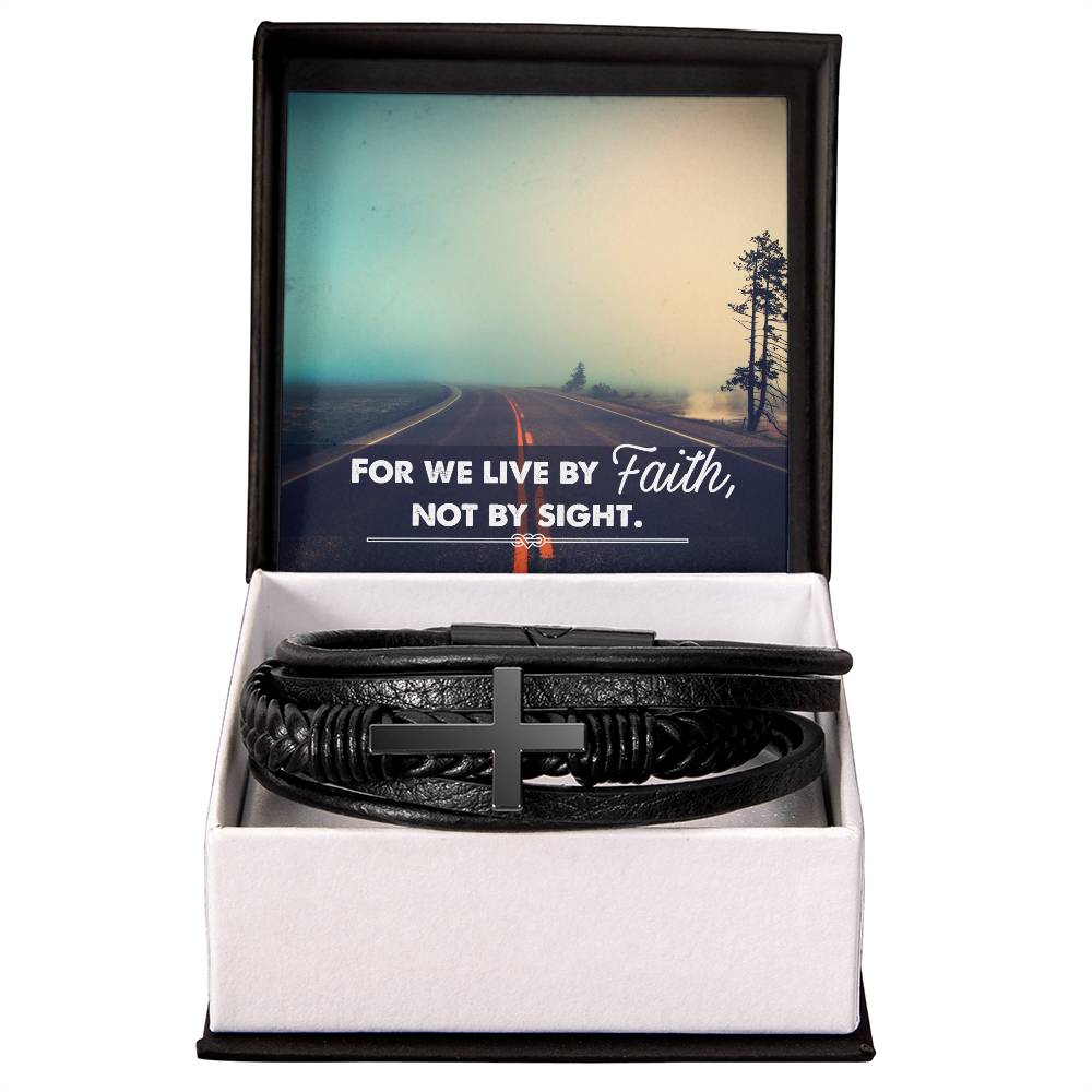 For We Live by Faith Not by Side Men's Stainless Steel & Vegan Leather Cross Bracelet - Vegan Leather with Stainless Steel-Express Your Love Gifts