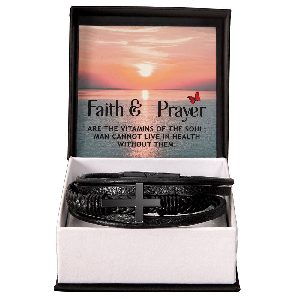 Faith and Prayer Men's Stainless Steel &amp; Vegan Leather Cross Bracelet - Vegan Leather with Stainless Steel-Express Your Love Gifts