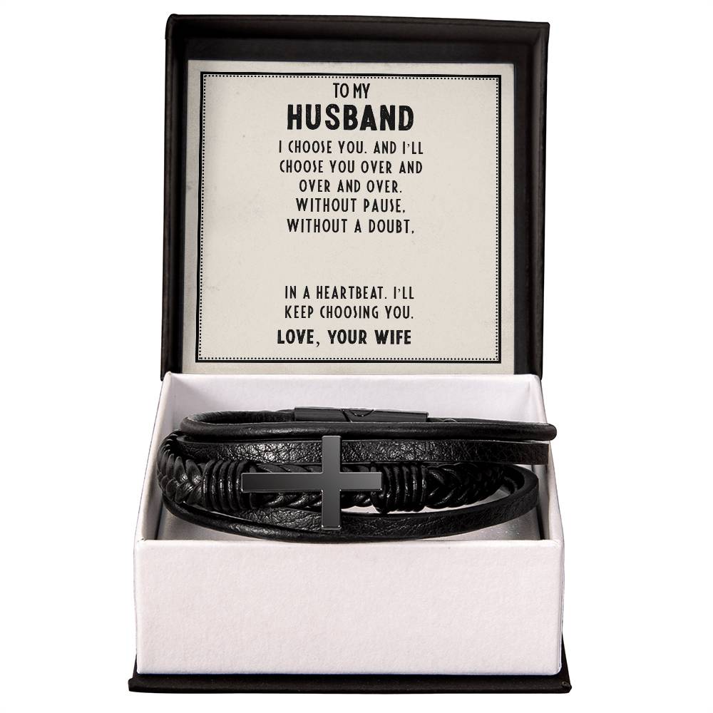 To My Husband I Choose You Men's Cross Bracelet - Vegan Leather with Stainless Steel-Express Your Love Gifts