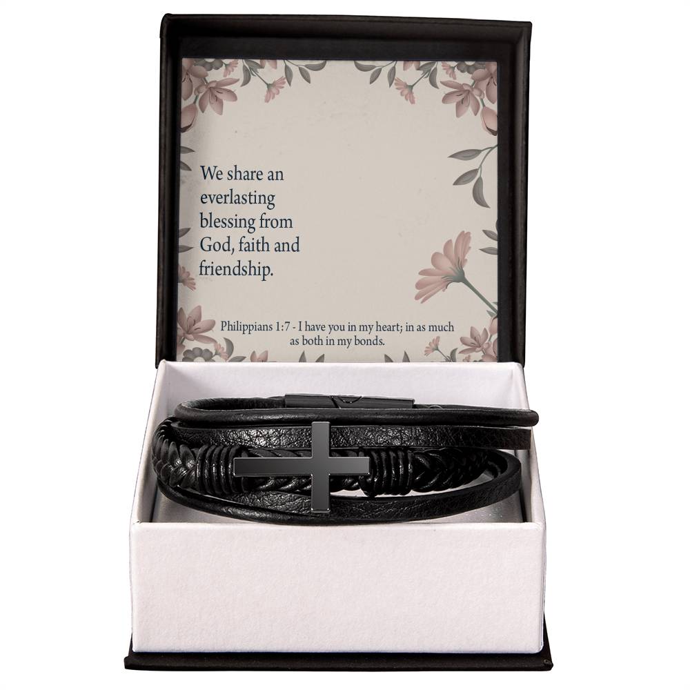Friendship Philippians 1:7 Men's Stainless Steel & Vegan Leather Cross Bracelet - Vegan Leather with Stainless Steel-Express Your Love Gifts