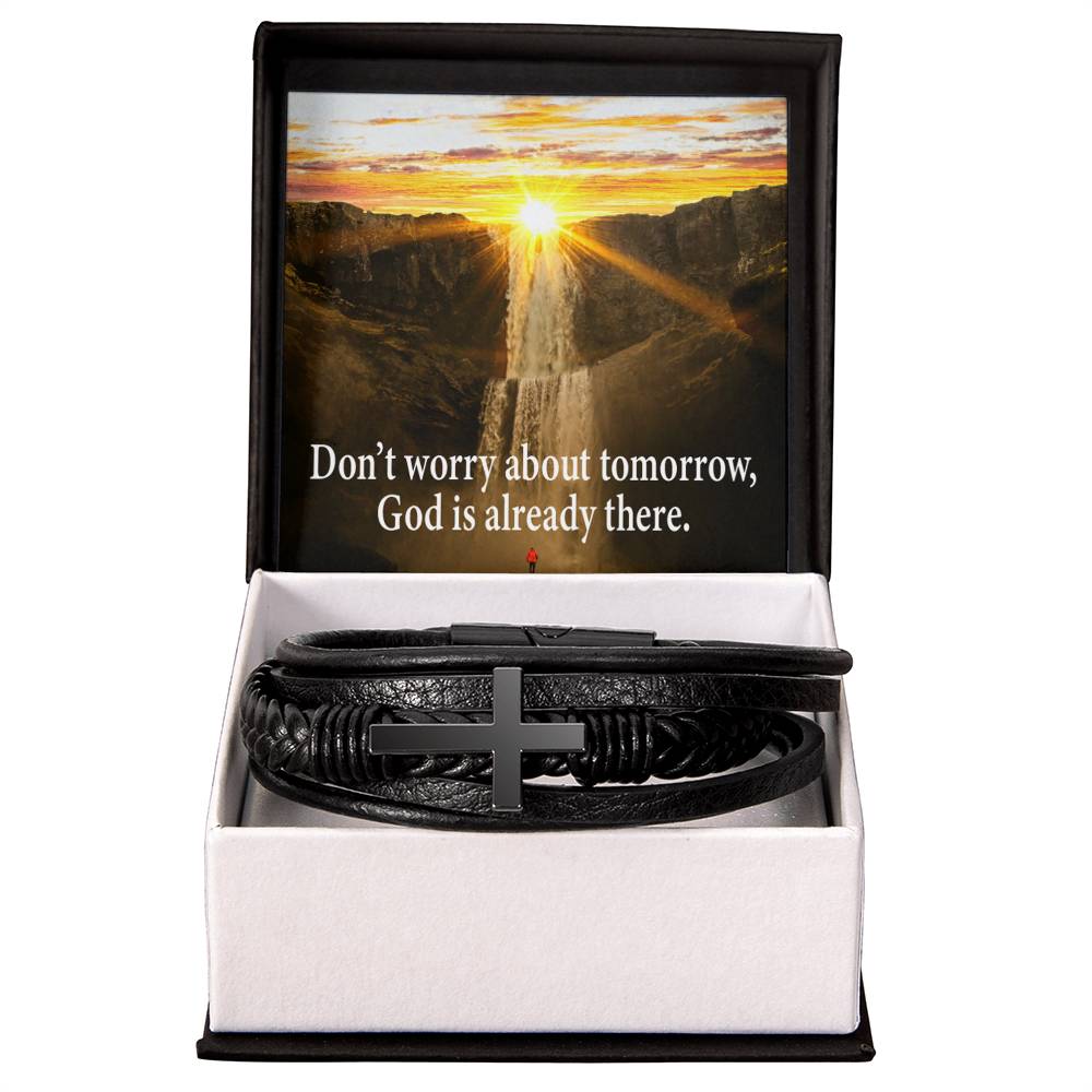 Don’t Worry Men's Stainless Steel &amp; Vegan Leather Cross Bracelet - Vegan Leather with Stainless Steel-Express Your Love Gifts