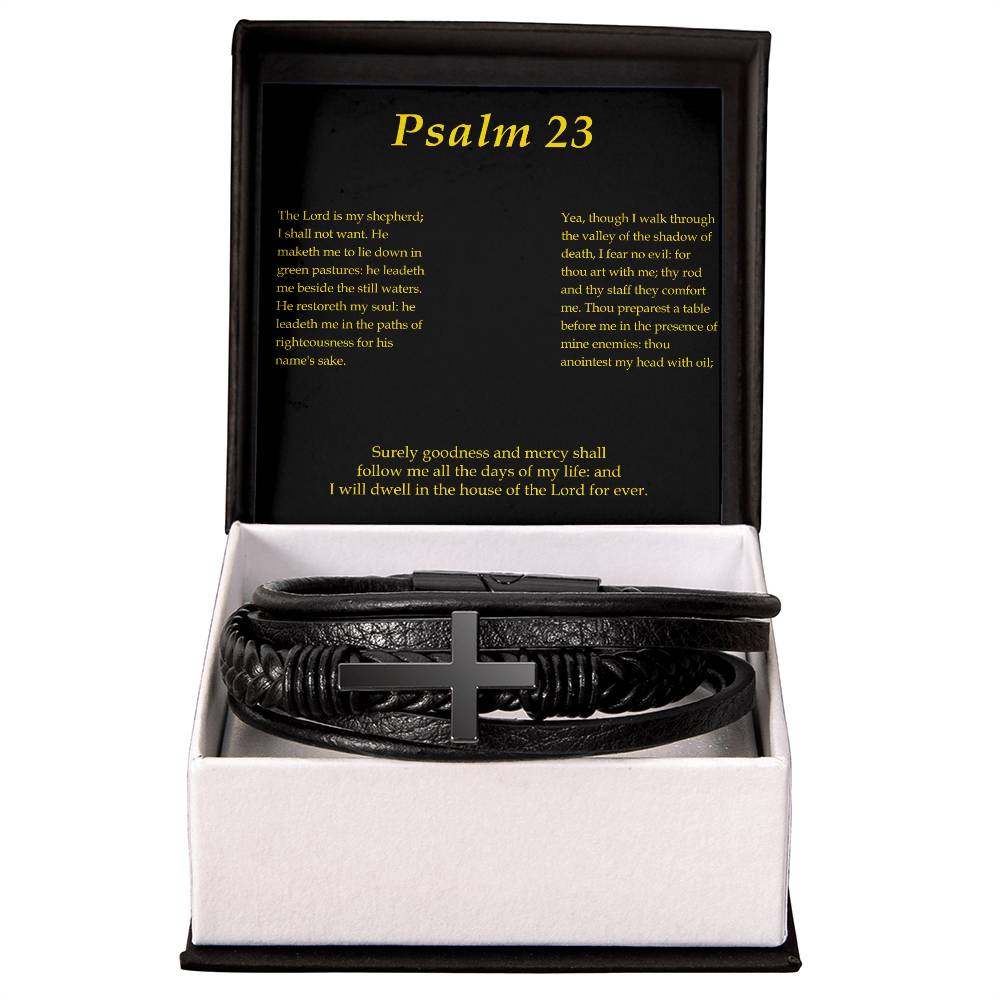 Lord is my Shepherd Psalm 23:2 Men's Stainless Steel & Vegan Leather Cross Bracelet - Vegan Leather with Stainless Steel-Express Your Love Gifts