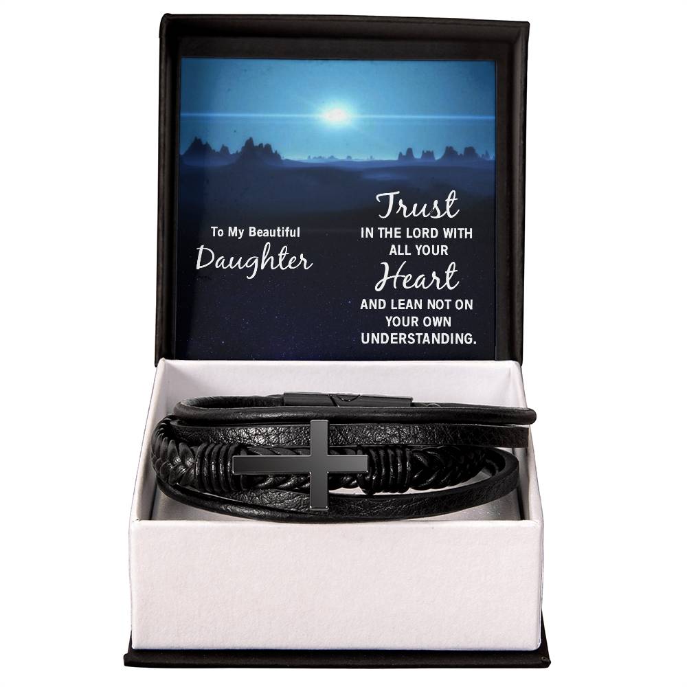 Trust in The Lord Proverbs 3:5-6 Men's Stainless Steel & Vegan Leather Cross Bracelet - Vegan Leather with Stainless Steel-Express Your Love Gifts