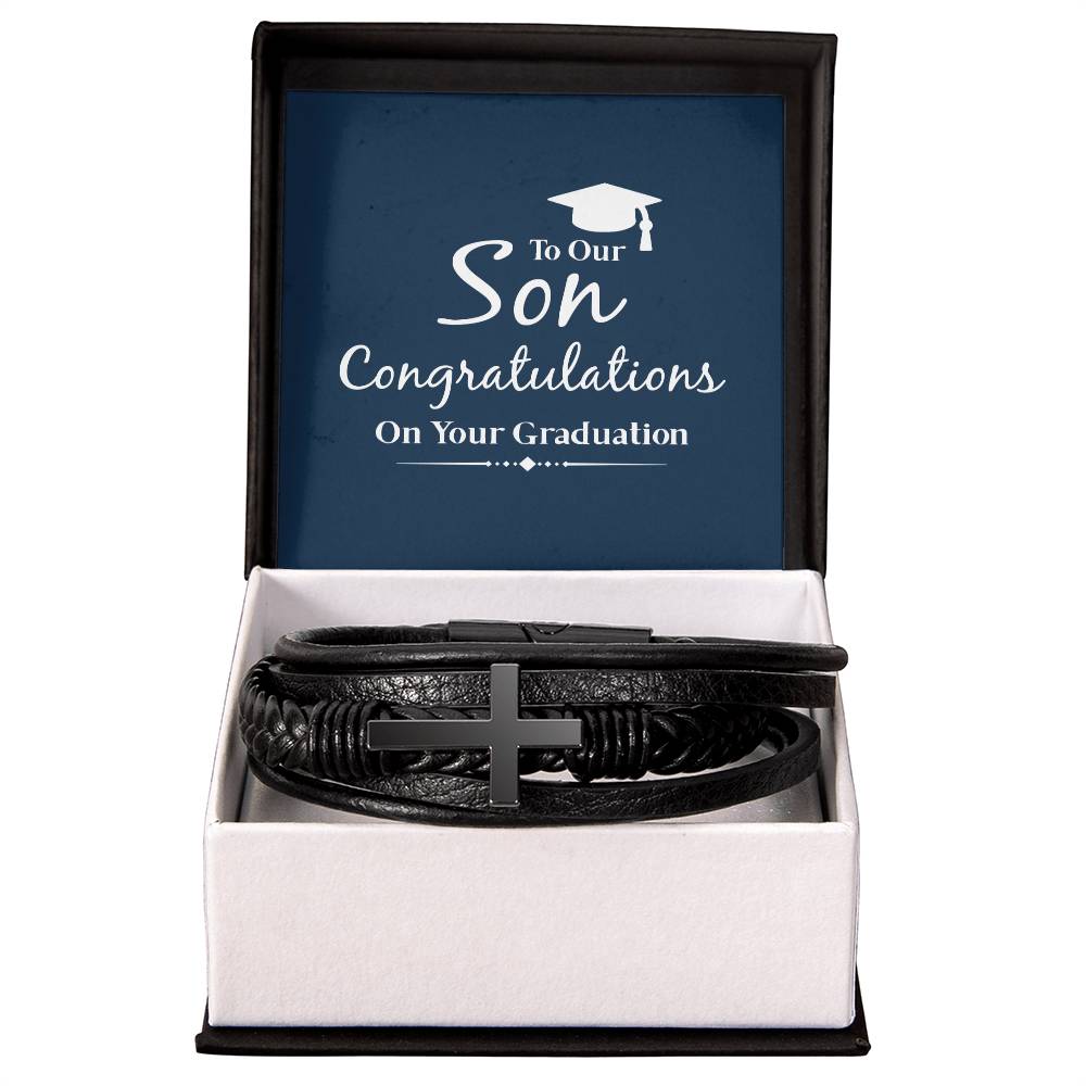 To Our Son Congratulations on Your Graduation Men's Cross Bracelet - Vegan Leather with Stainless Steel-Express Your Love Gifts