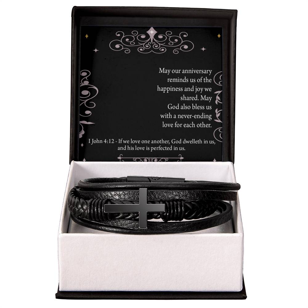 Happiness 1 John 4:12 Men's Stainless Steel &amp; Vegan Leather Cross Bracelet - Vegan Leather with Stainless Steel-Express Your Love Gifts