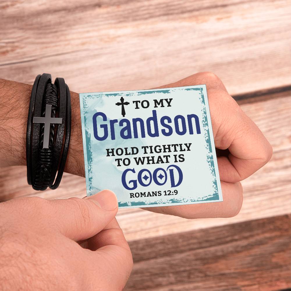 To My Grandson Hold Tightly Men's Cross Bracelet - Vegan Leather with Stainless Steel-Express Your Love Gifts