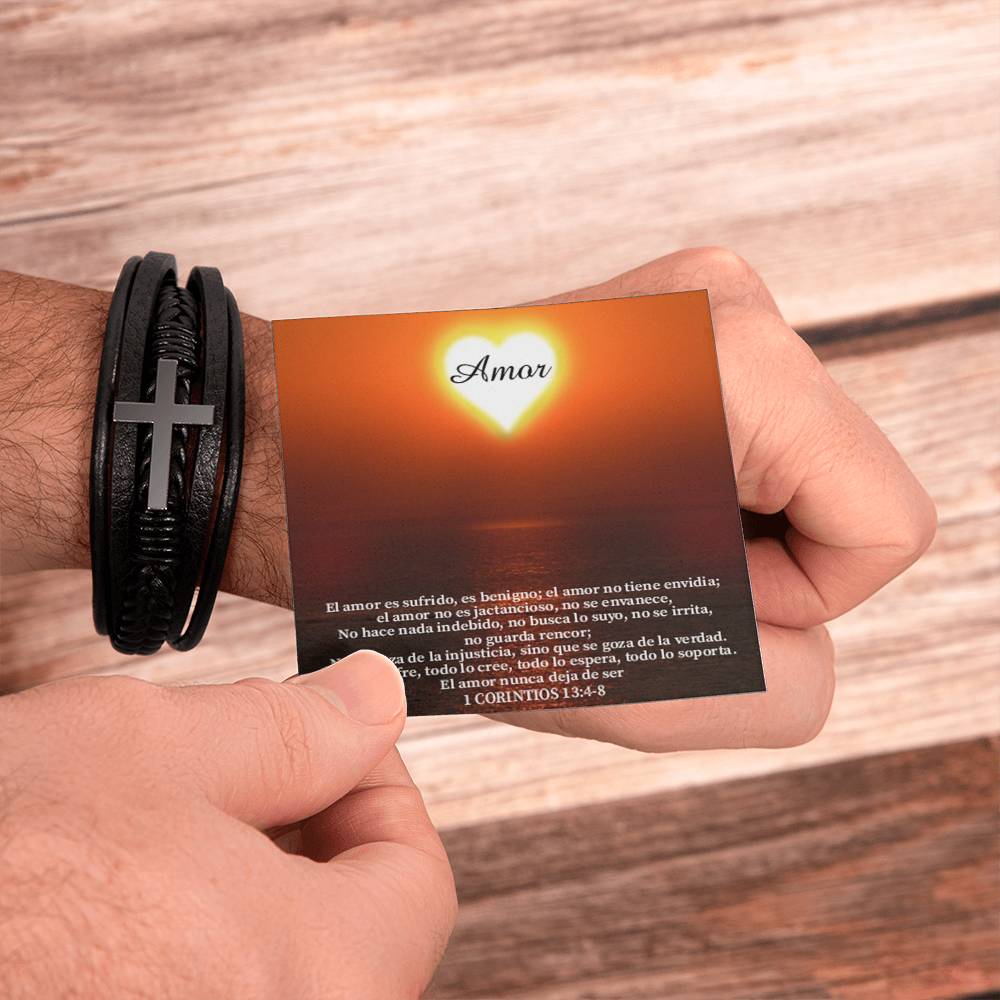 Amor Spanish Corintos 13:4-8 Men's Stainless Steel & Vegan Leather Cross Bracelet - Vegan Leather with Stainless Steel-Express Your Love Gifts