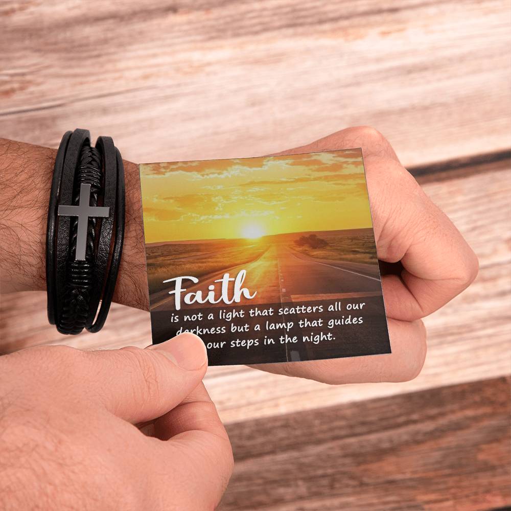 Faith is Not a Light Men's Stainless Steel & Vegan Leather Cross Bracelet - Vegan Leather with Stainless Steel-Express Your Love Gifts