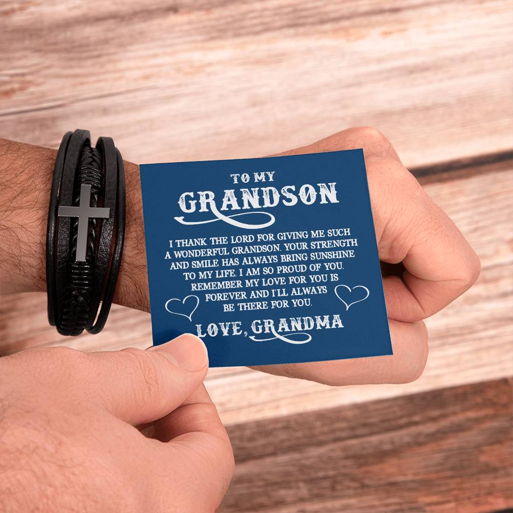 To My GrandSon I Thank The LORD For Giving Me Such Men's Cross Bracelet - Vegan Leather with Stainless Steel-Express Your Love Gifts