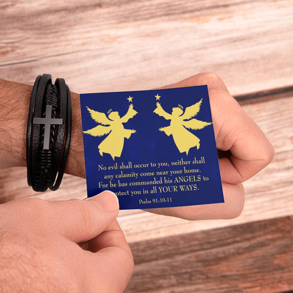 Angels Over You Psalm 91 Men's Stainless Steel & Vegan Leather Cross Bracelet - Vegan Leather with Stainless Steel-Express Your Love Gifts