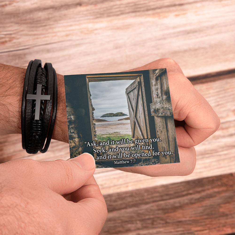 Ask & You Shall Receive Matthew 7:7 Men's Stainless Steel & Vegan Leather Cross Bracelet - Vegan Leather with Stainless Steel-Express Your Love Gifts