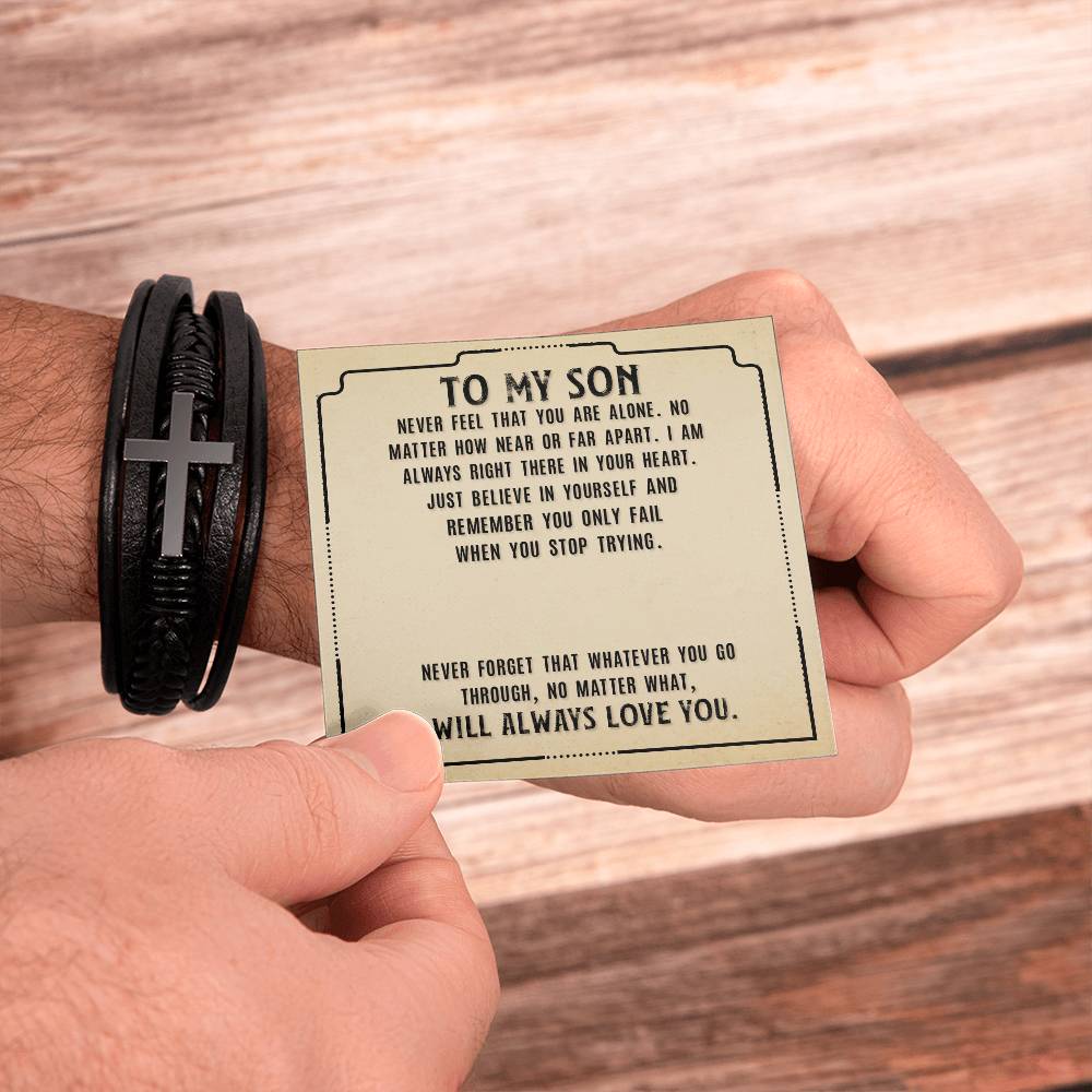 To My Son Never Feel That Men's Cross Bracelet - Vegan Leather with Stainless Steel-Express Your Love Gifts