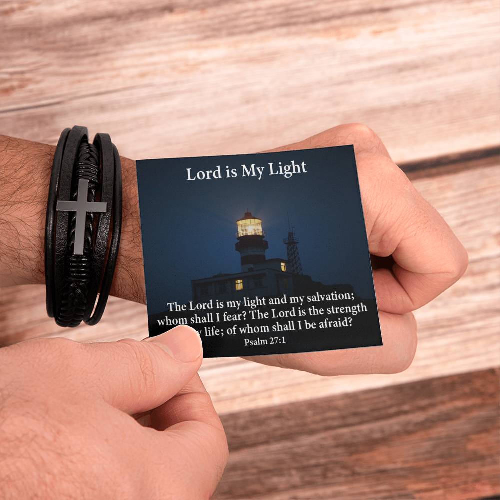 Lord is My Light Psalm 27:1 Men's Stainless Steel & Vegan Leather Cross Bracelet - Vegan Leather with Stainless Steel-Express Your Love Gifts