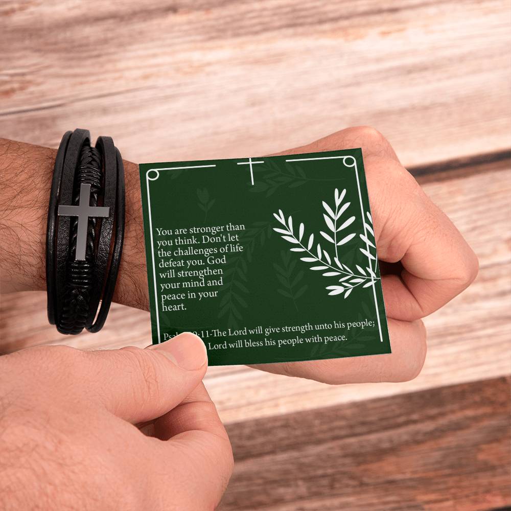 God Will Strengthen You Psalm 29:11 Men's Stainless Steel & Vegan Leather Cross Bracelet - Vegan Leather with Stainless Steel-Express Your Love Gifts