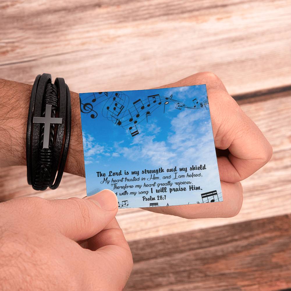 Lord is My Strength Psalm 28:7 Men's Stainless Steel & Vegan Leather Cross Bracelet - Vegan Leather with Stainless Steel-Express Your Love Gifts