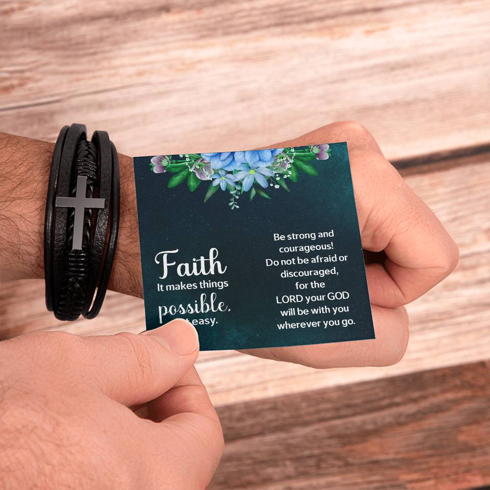 Faith Makes Things Possible Men's Stainless Steel & Vegan Leather Cross Bracelet - Vegan Leather with Stainless Steel-Express Your Love Gifts