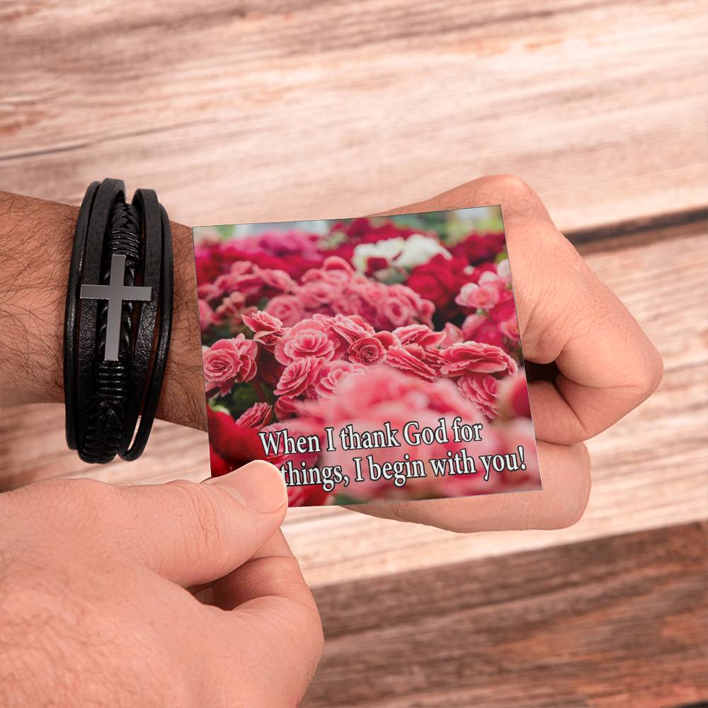 I Thank God Philippians 1:3 Men's Stainless Steel & Vegan Leather Cross Bracelet - Vegan Leather with Stainless Steel-Express Your Love Gifts