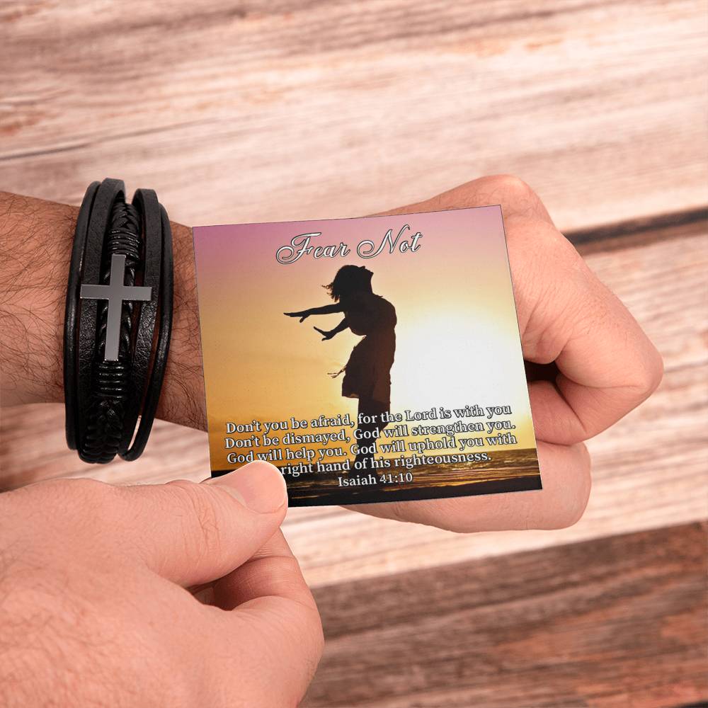 Fear Not Isaiah 41:10 Men's Stainless Steel & Vegan Leather Cross Bracelet - Vegan Leather with Stainless Steel-Express Your Love Gifts