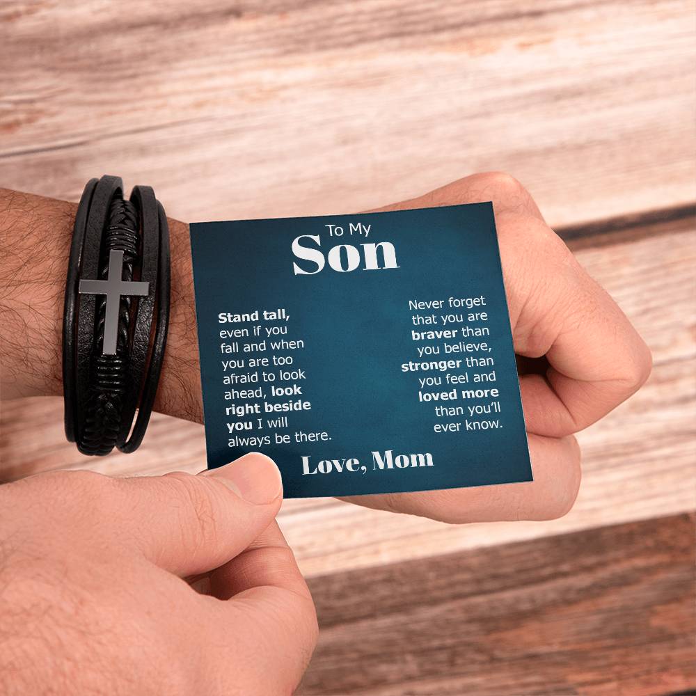 To My Son Stand Tall Even if You Fall Men's Cross Bracelet - Vegan Leather with Stainless Steel-Express Your Love Gifts