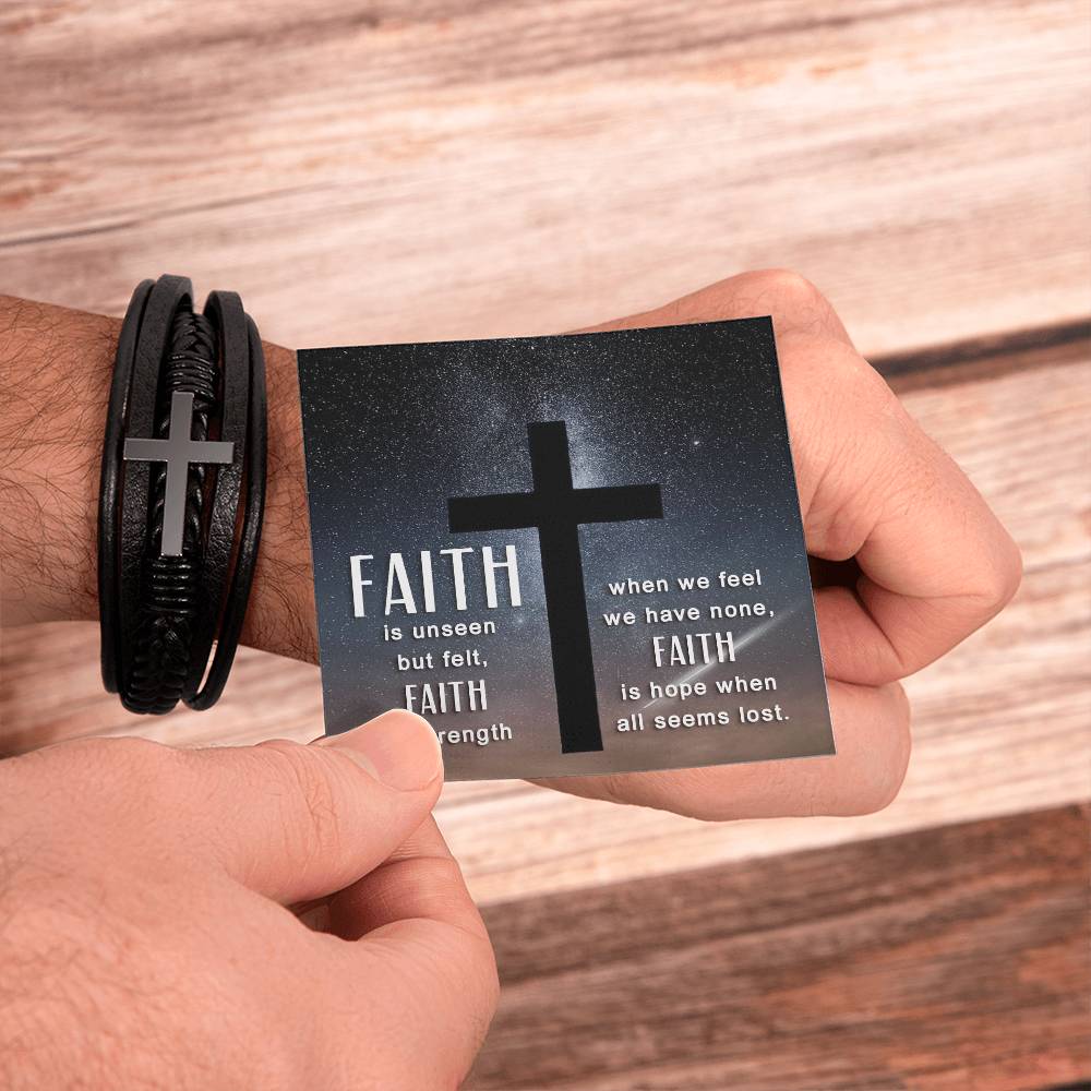 Faith is Unseen But Felt Men's Stainless Steel & Vegan Leather Cross Bracelet - Vegan Leather with Stainless Steel-Express Your Love Gifts