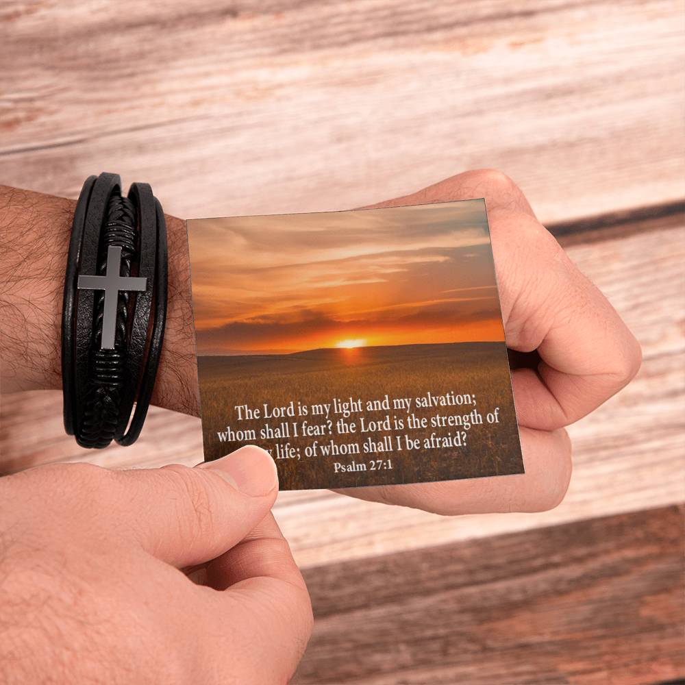 Lord is My Salvation Psalm 27:1 Men's Stainless Steel & Vegan Leather Cross Bracelet - Vegan Leather with Stainless Steel-Express Your Love Gifts