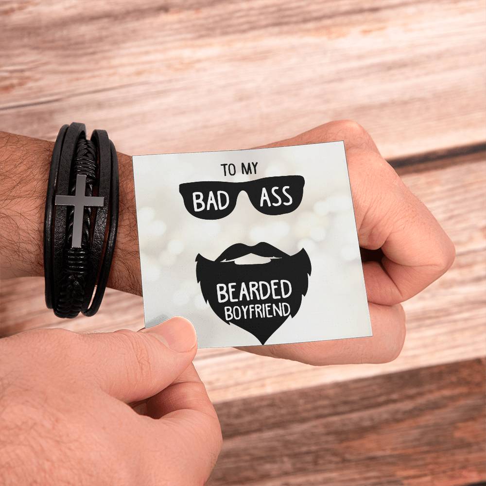 To My Badass Bearded Boyfriend Men's Cross Bracelet - Vegan Leather with Stainless Steel-Express Your Love Gifts