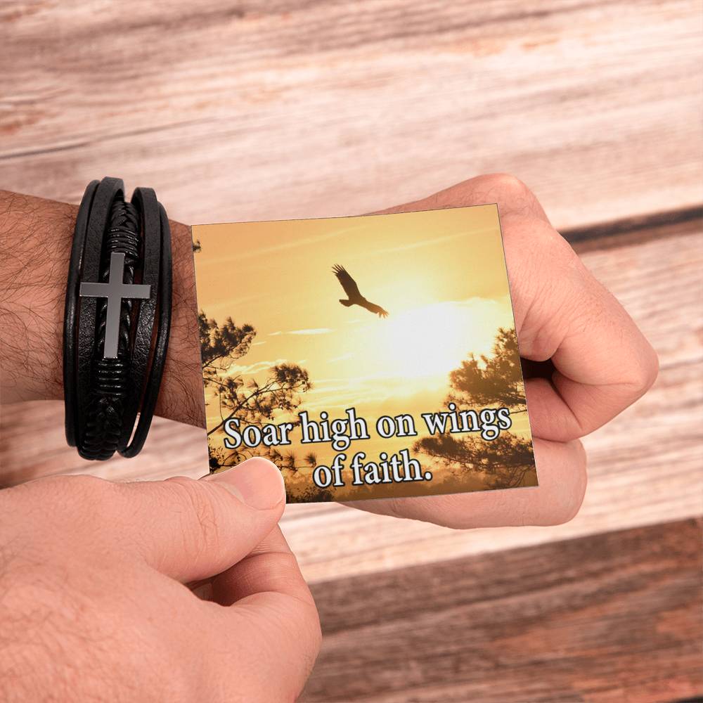 Soar High on Faith Men's Stainless Steel & Vegan Leather Cross Bracelet - Vegan Leather with Stainless Steel-Express Your Love Gifts