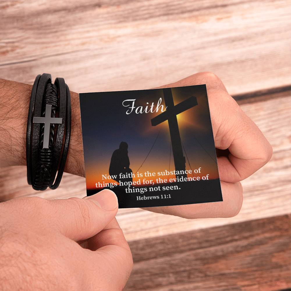 Faith Hebrews 11:1 Men's Stainless Steel & Vegan Leather Cross Bracelet - Vegan Leather with Stainless Steel-Express Your Love Gifts