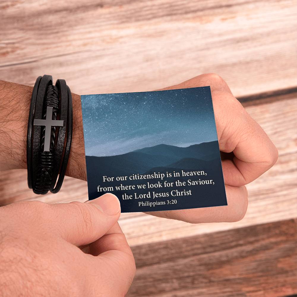 Citizenship in Heaven Philippians 3:20 Men's Stainless Steel & Vegan Leather Cross Bracelet - Vegan Leather with Stainless Steel-Express Your Love Gifts