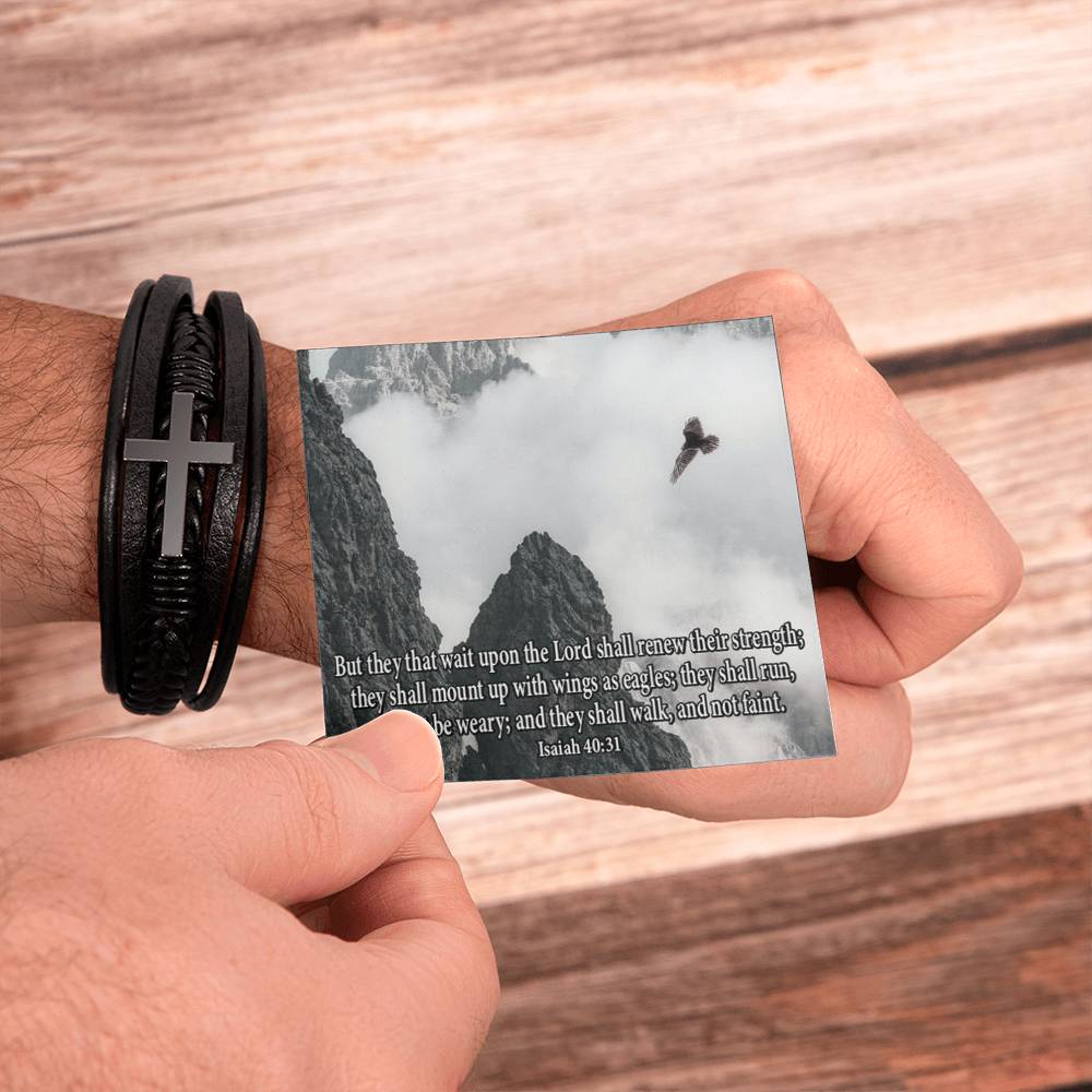 Renew Their Strength Isaiah 40:31 Men's Stainless Steel & Vegan Leather Cross Bracelet - Vegan Leather with Stainless Steel-Express Your Love Gifts