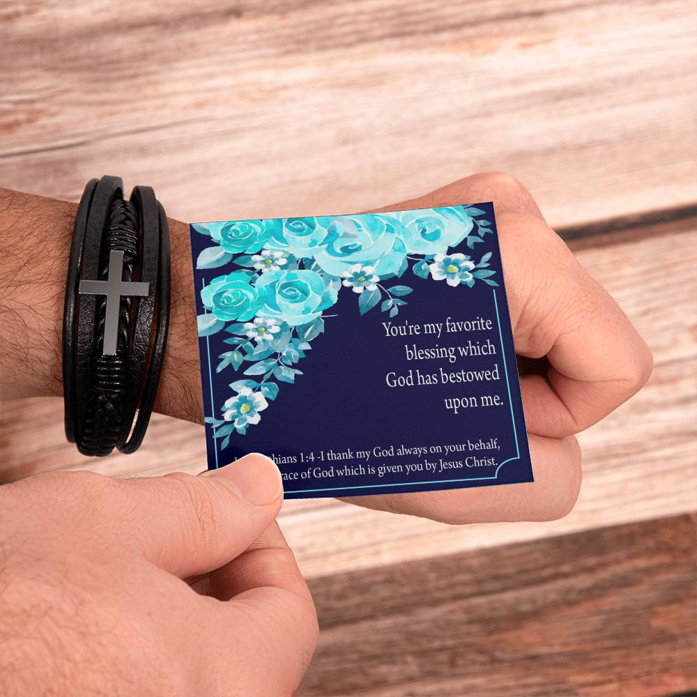 Thinking of You 1 Corinthians 1:4 Men's Stainless Steel & Vegan Leather Cross Bracelet - Vegan Leather with Stainless Steel-Express Your Love Gifts