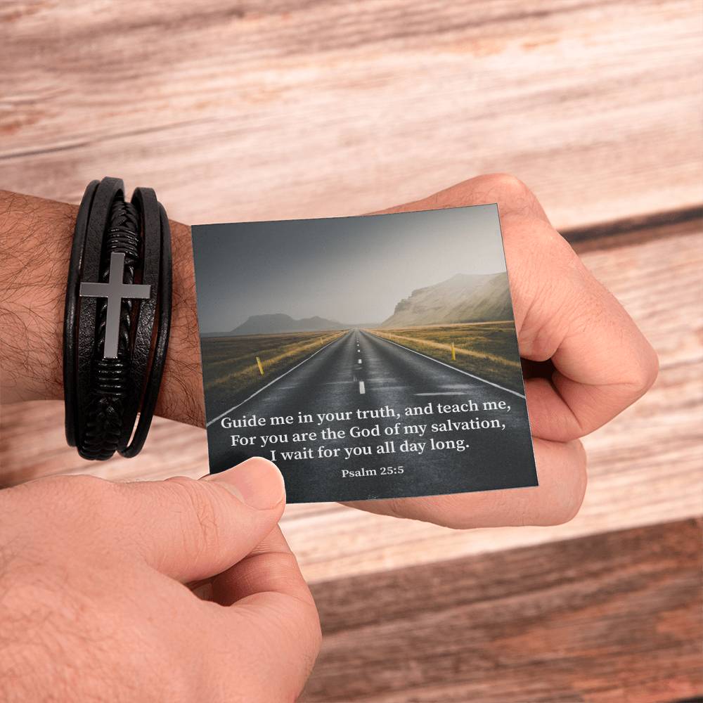 Guide Me Psalm 25:5 Men's Stainless Steel & Vegan Leather Cross Bracelet - Vegan Leather with Stainless Steel-Express Your Love Gifts