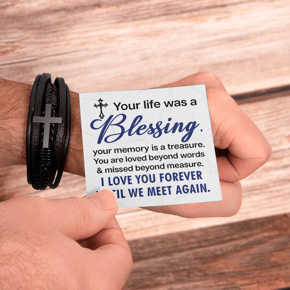 Your Life Was a Blessing Men's Cross Bracelet - Vegan Leather with Stainless Steel-Express Your Love Gifts