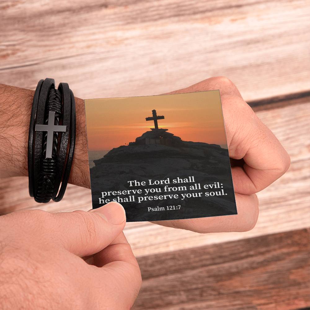 Hope Psalm 121:7 Men's Stainless Steel & Vegan Leather Cross Bracelet - Vegan Leather with Stainless Steel-Express Your Love Gifts