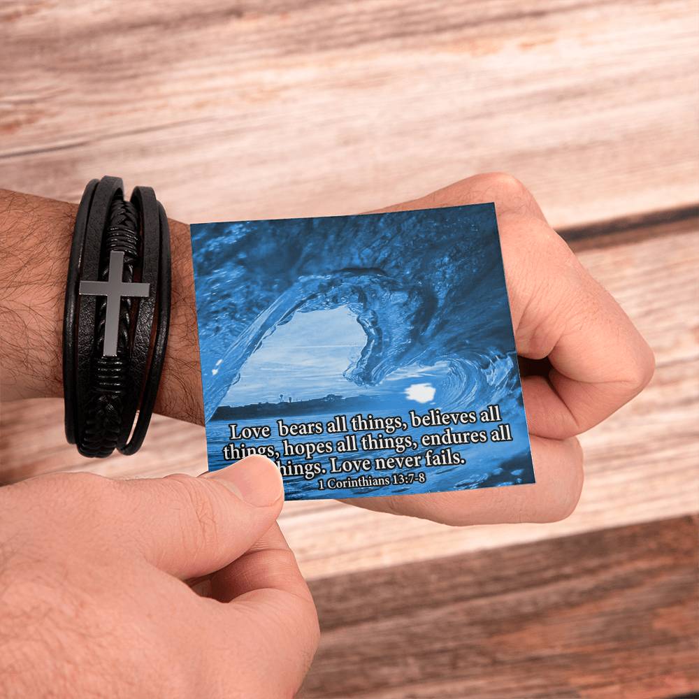 Love Bears All Water 1 Corinthians 13:7‭-‬8 Men's Stainless Steel & Vegan Leather Cross Bracelet - Vegan Leather with Stainless Steel-Express Your Love Gifts